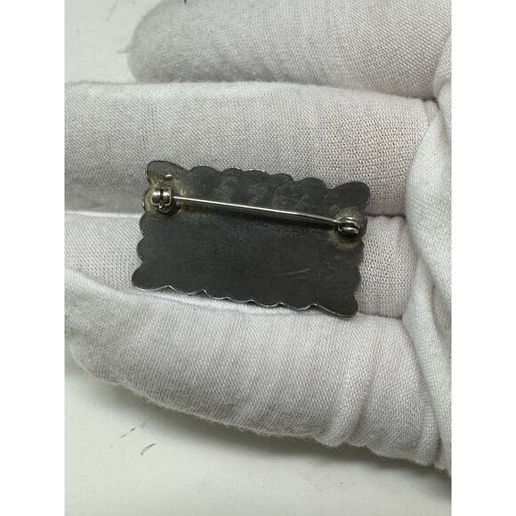 Vintage Native American Sterling Silver + Turquoise Rectangular Brooch - Picture 5 of 6